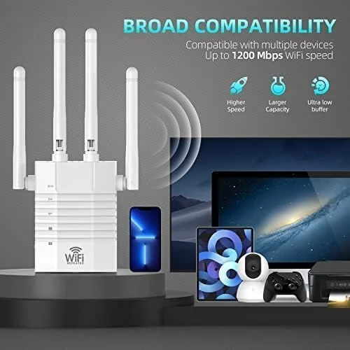 تقویت کننده وای فای TERRIFI - تقویت کننده سیگنال 1200 مگابیت در ثانیه، پوشش تا 1200 متر مربع و 105 دستگاه، توسعه دهنده و تکرار کننده محدوده اینترنت