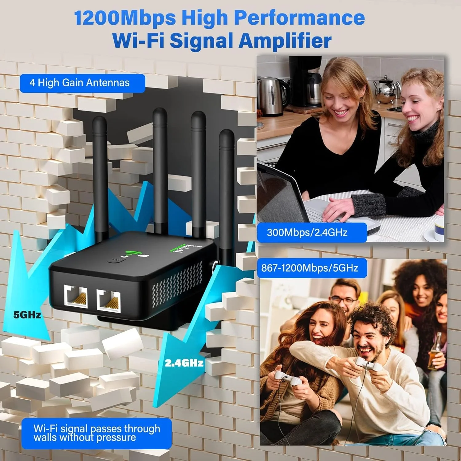 تقویت کننده وای فای TERRIFI، تقویت کننده سیگنال وای فای 1200 مگابیت بر ثانیه، برای وای فای خانگی 2.4 و 5 گیگاهرتز دو بانده (9800 فوت مربع) تکرار کننده بی سیم، با پورت اترنت و حالت AP، 4 آنتن پوشش 360 درجه