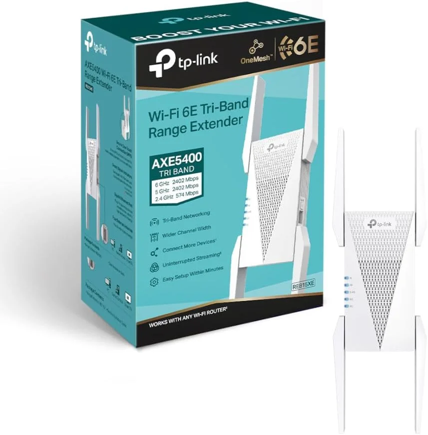 تقویت کننده محدوده وای فای 6E سه باندی TP-Link AXE5400 | تقویت کننده پهنای باند/وای فای | تقویت کننده/نقطه اتصال وای فای با 1 پورت گیگابیتی | کانال های 160 مگاهرتزی | حالت نقطه دسترسی داخلی | نصب آسان - RE815XE