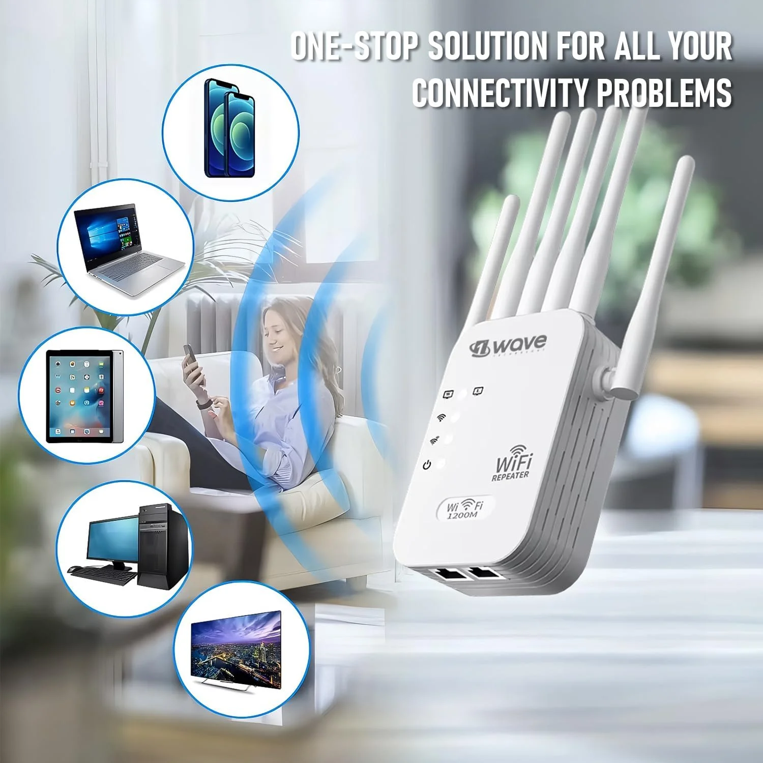 تقویت کننده وای فای AC1200 با 6 آنتن | تقویت کننده سیگنال دو بانده 2.4/5 گیگاهرتز 1200 مگابیت در ثانیه | تکرار کننده و نقطه دسترسی | نصب با یک کلیک، پوشش گسترده تقویت کننده وای فای AC1200 با 6 آنتن | تقویت کننده سیگنال دو بانده 2.4/5 گیگاهرتز 1200 مگابیت در ثانیه | تکرار کننده و نقطه دسترسی | نصب با یک کلیک، پوشش گسترده