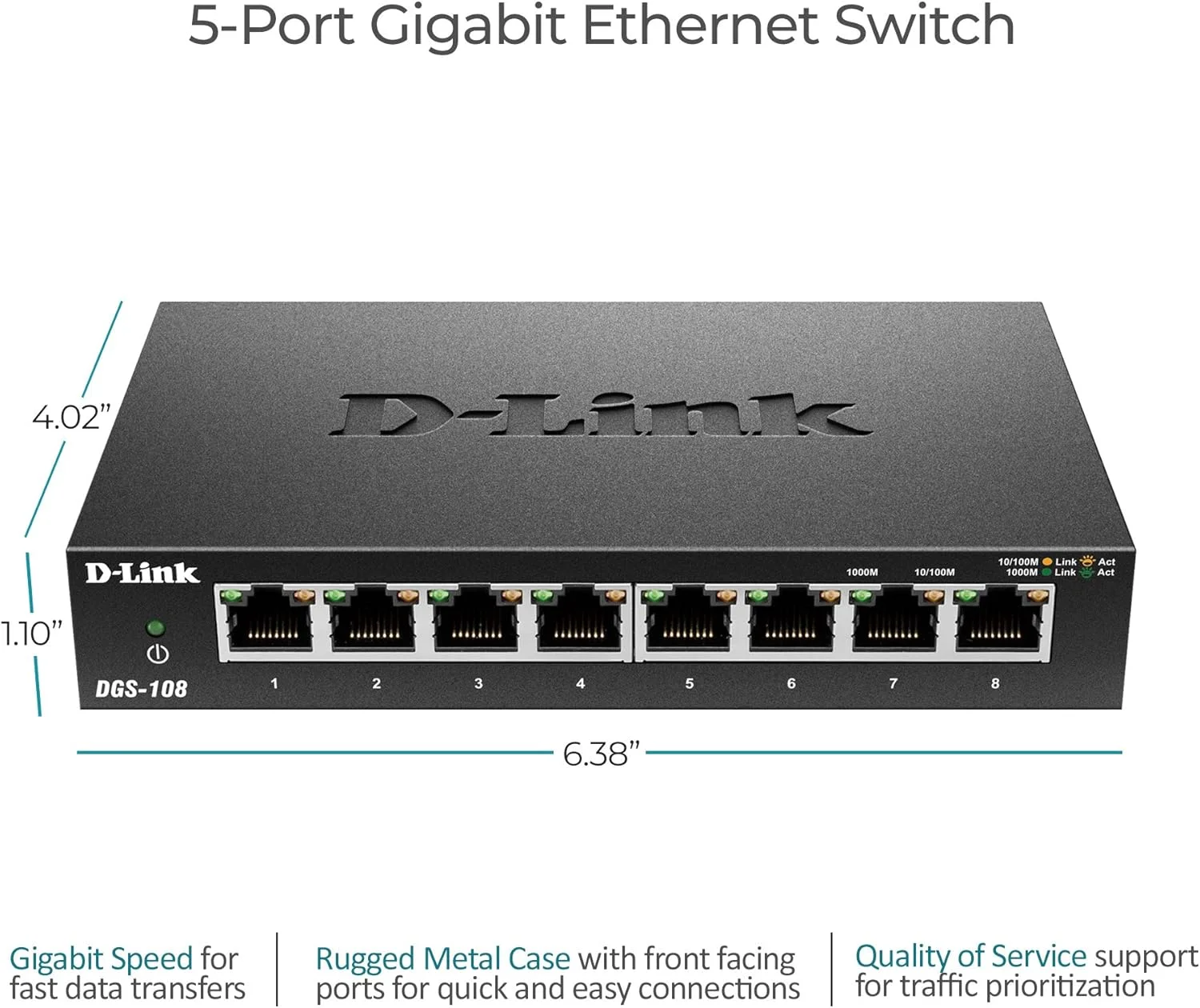 سوییچ اترنت 8 پورت گیگابیتی غیر مدیریتی فلزی بدون فن، مناسب برای استفاده رومیزی یا نصب روی دیوار (DGS-108)