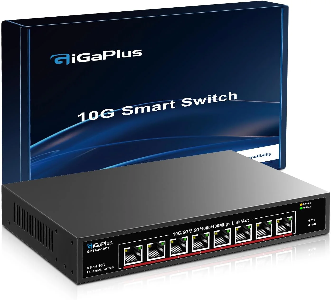 سوئیچ اترنت 8 پورت 10 گیگابیتی غیر مدیریتی، 8 پورت 10Gbe Base-T، سوئیچ شبکه 10G GiGaPlus برای NAS، PC، روتر WiFi7، آداپتور/NIC 10 گیگابیتی. قابل نصب روی دسکتاپ/رک 19 اینچی، Plug and Play