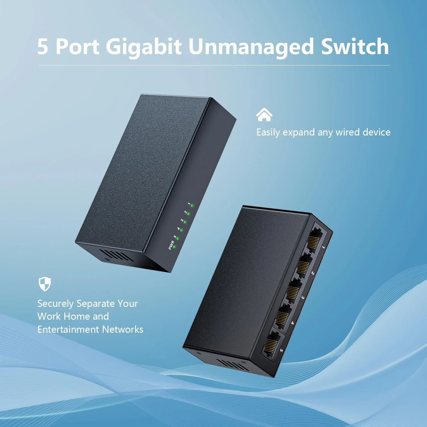 سوییچ اترنت گیگابیتی 5 پورت Bliyee، هاب سوییچ شبکه خانگی غیر مدیریتی، تقسیم کننده اترنت | پورت های حسگر خودکار | نصب آسان | عملکرد بی صدا | بدنه فلزی مشکی | محافظت مادام العمر محدود