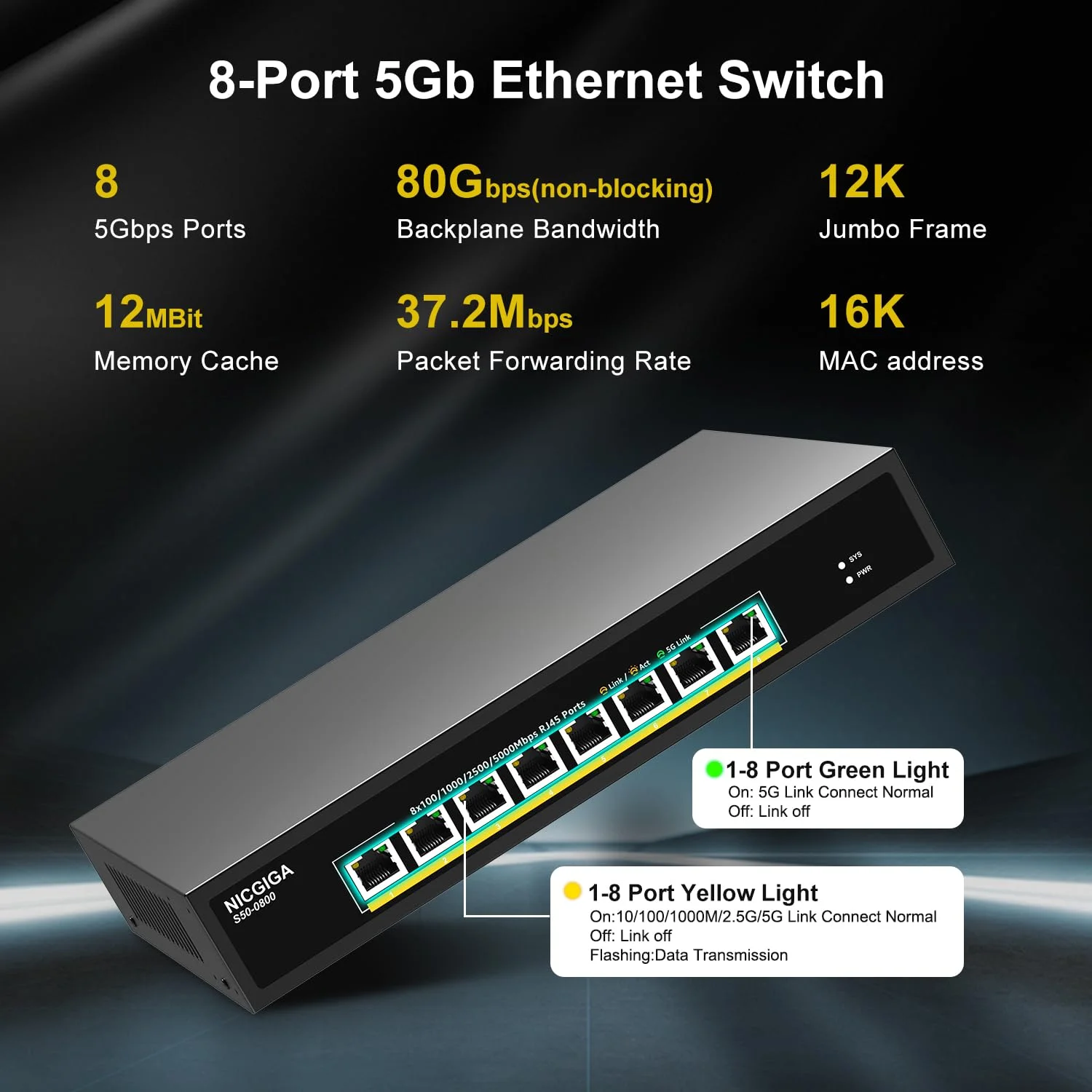 سوئیچ اترنت 8 پورت 5 گیگابیتی (غیر مدیریتی) با 8 پورت اترنت 5G، سوئیچ شبکه NICGIGA 5Gbe برای NAS 5 گیگابیت بر ثانیه، رایانه های شخصی، روتر WiFi7، آداپتور/NIC 5G.