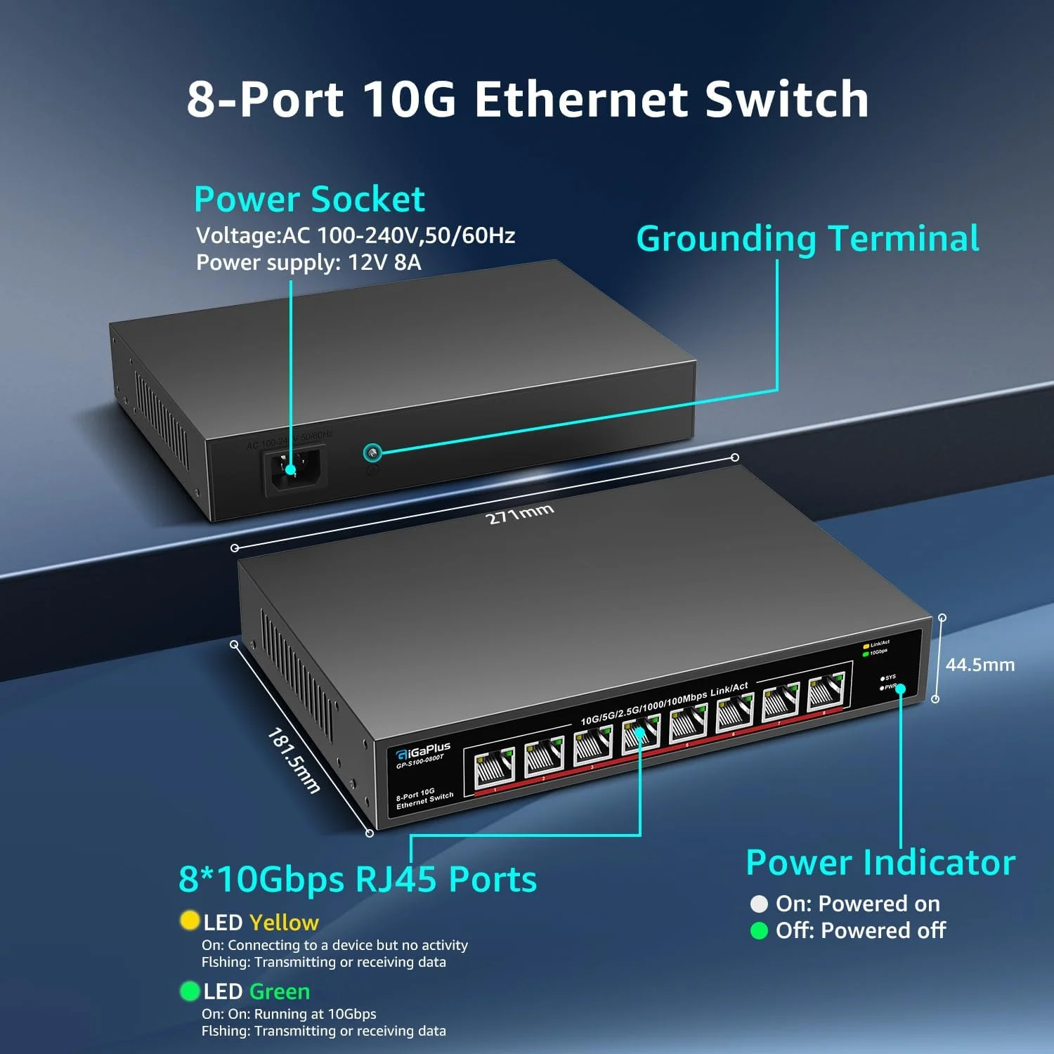 سوئیچ اترنت 8 پورت 10 گیگابیتی غیر مدیریتی، 8 پورت 10Gbe Base-T، سوئیچ شبکه 10G GiGaPlus برای NAS، PC، روتر WiFi7، آداپتور/NIC 10 گیگابیتی. قابل نصب روی دسکتاپ/رک 19 اینچی، Plug and Play