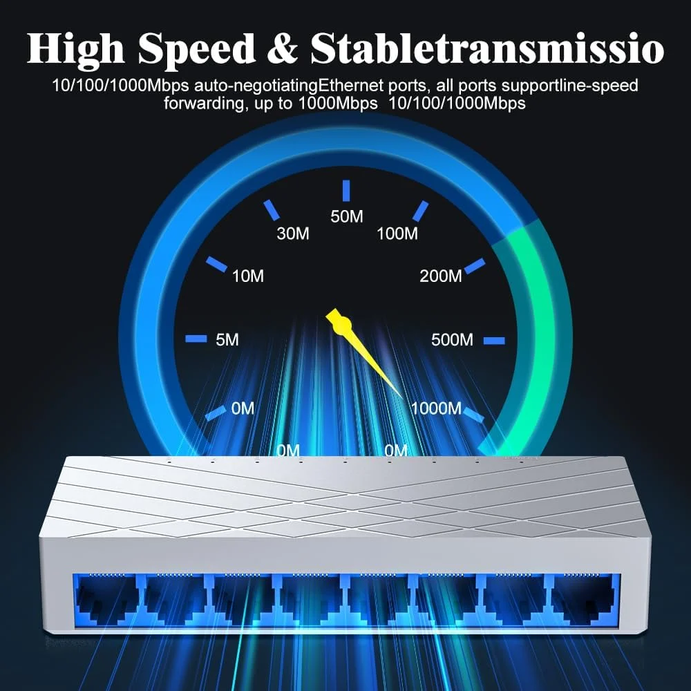 سوئیچ شبکه 8 پورت گیگابیتی اترنت غیر مدیریتی، سوئیچ شبکه رومیزی پلاگ اند پلی برای دفتر خانه/دفتر کوچک (شبکه کامپیوتری، سوئیچ اینترنت، سازگاری روتر جهانی)