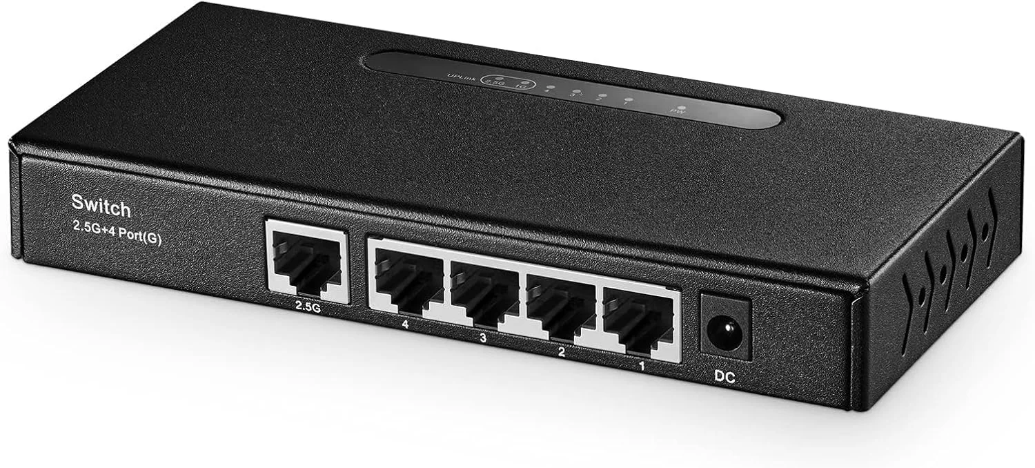 سوییچ 5 پورت گیگابیتی Excefore، 1 پورت 2.5 گیگابیتی و 4 پورت اترنت RJ-45 گیگابیتی، فلزی بدون فن، قابل نصب روی دیوار و رومیزی، سوییچ شبکه غیر مدیریتی Plug & Play برای خانه و دفتر