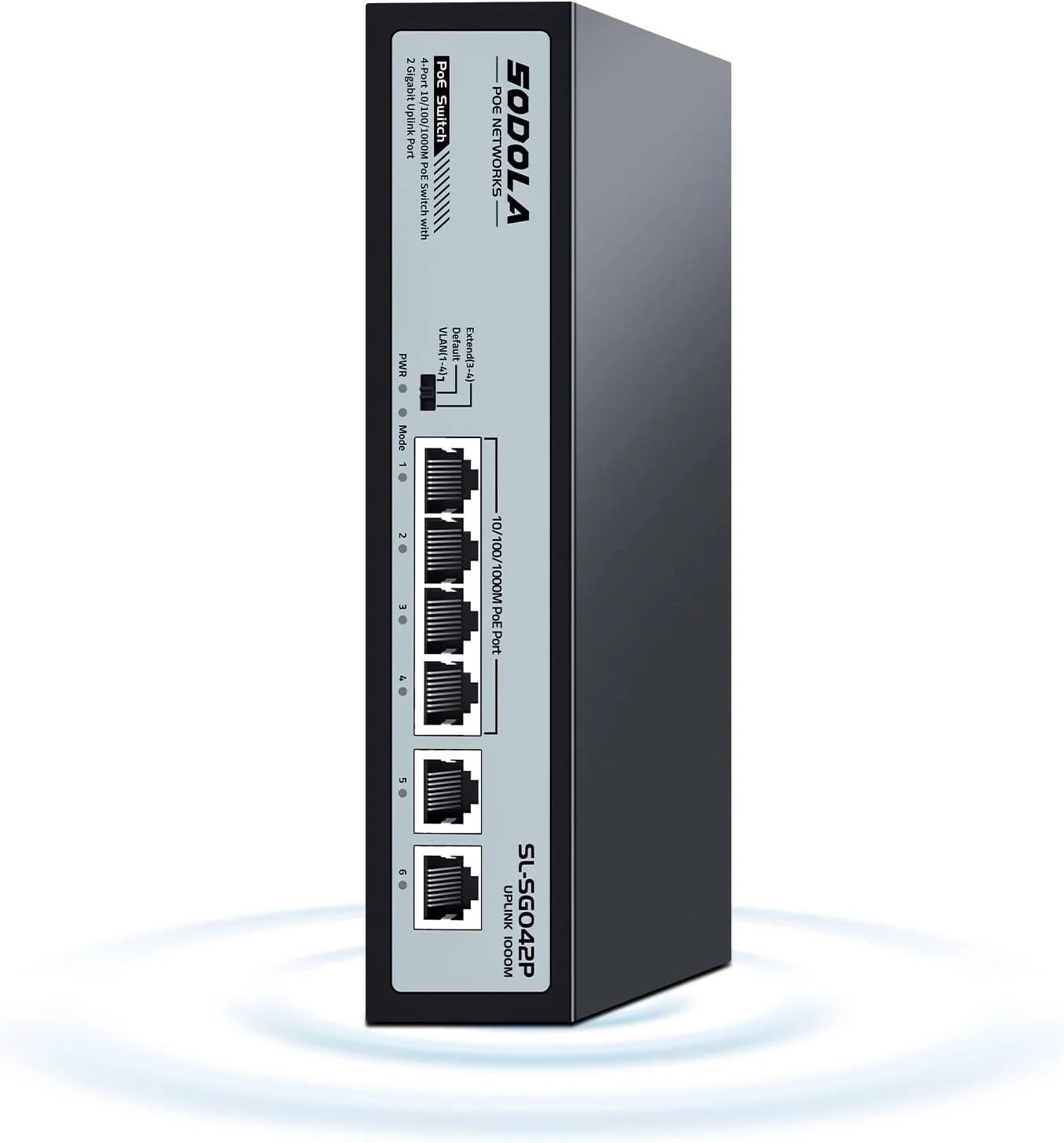 سوئیچ 4 پورت گیگابیتی PoE سودولا با 2 آپلینک، AI Watchdog/Extend/Port Isolation، 802.3af/at، سوئیچ شبکه غیر مدیریتی Plug & Play