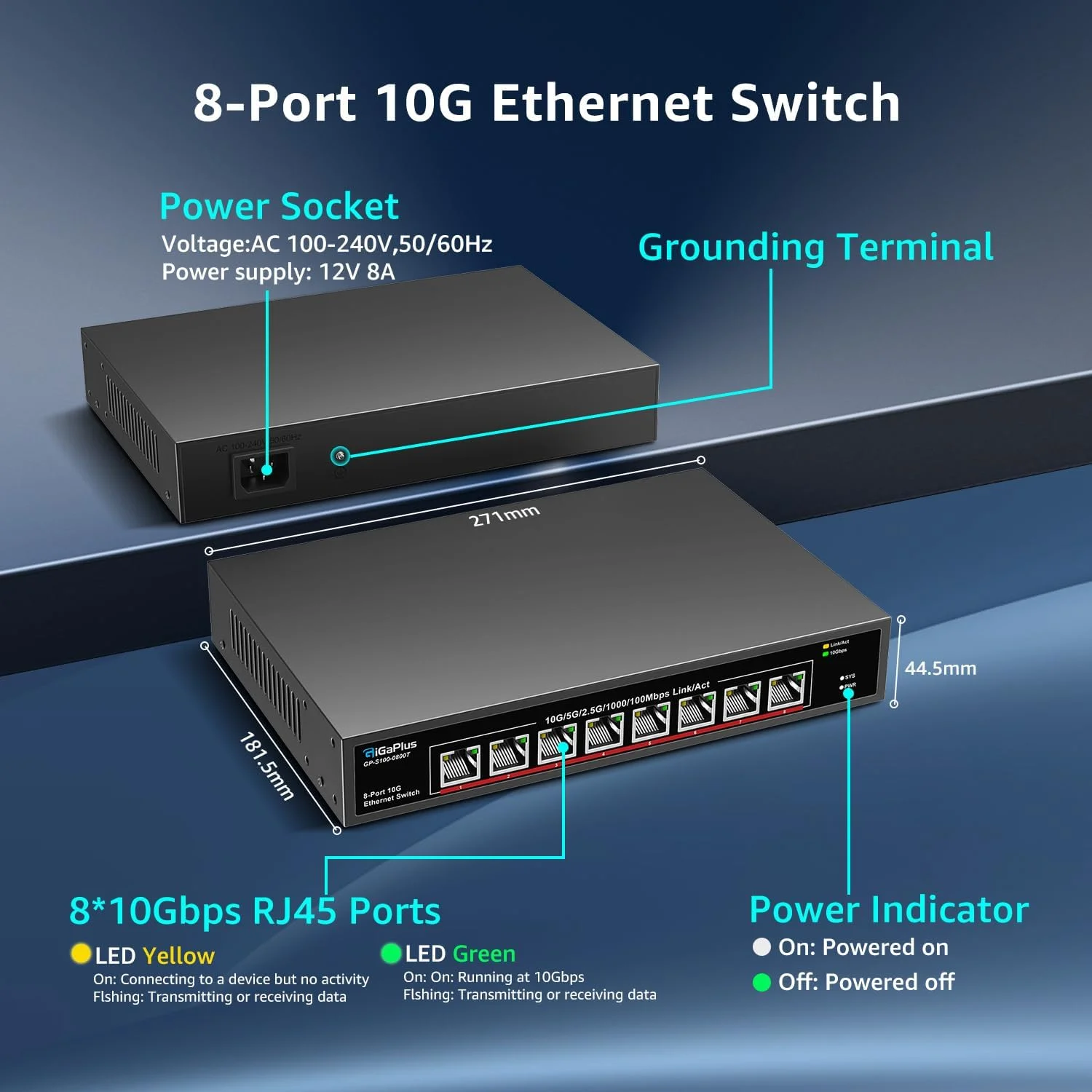 سوییچ اترنت 8 پورت 10 گیگابیتی غیر مدیریتی، 8 پورت 10Gbe Base-T، سوییچ شبکه 10G گیگا پلاس برای NAS 10 گیگابیت بر ثانیه، کامپیوتر، روتر WiFi7، آداپتور/NIC 10 گیگابیت بر ثانیه. قابل نصب روی میز/رک 19 اینچی، Plug and Play