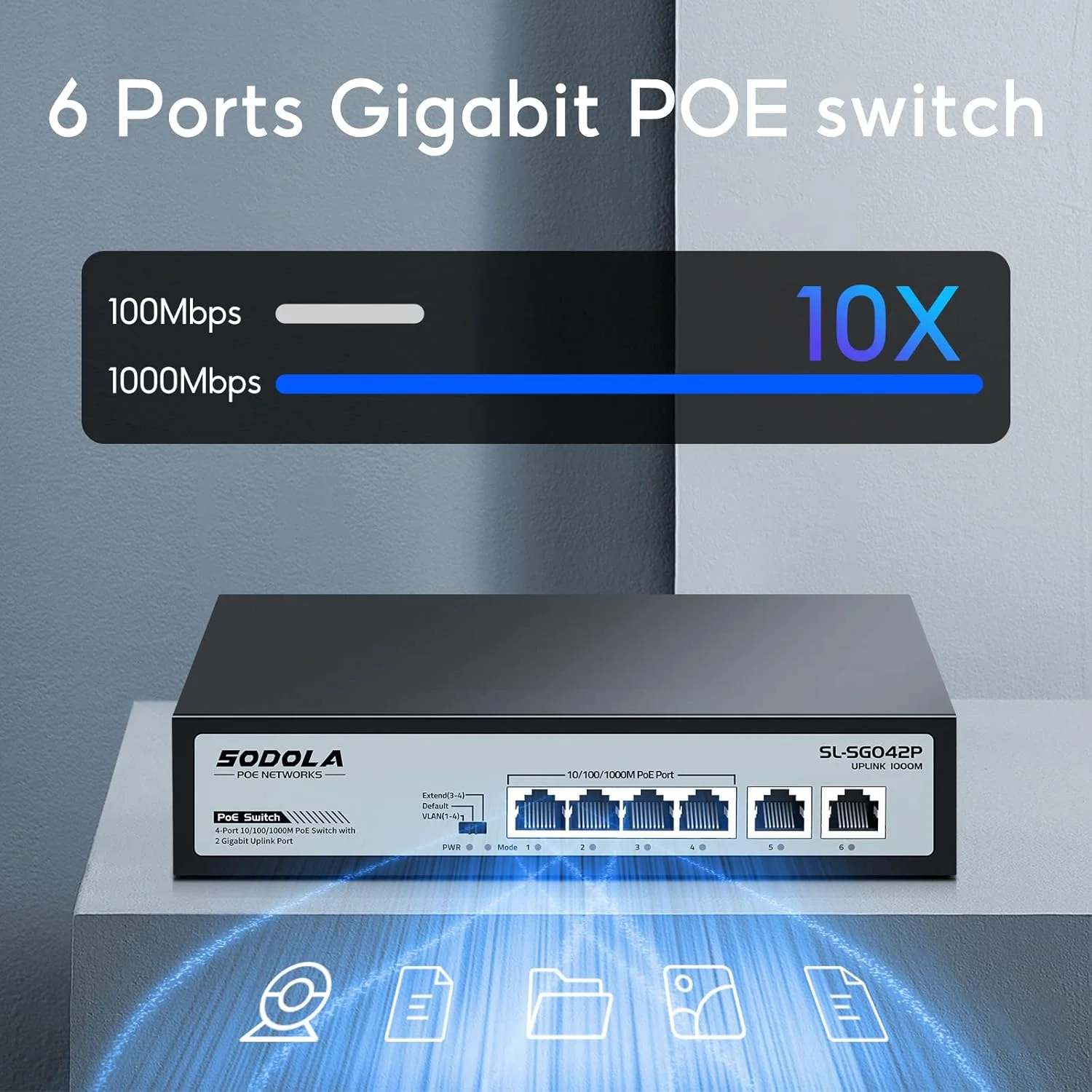 سوئیچ 4 پورت گیگابیتی PoE سودولا با 2 آپلینک، AI Watchdog/Extend/Port Isolation، 802.3af/at، سوئیچ شبکه غیر مدیریتی Plug & Play