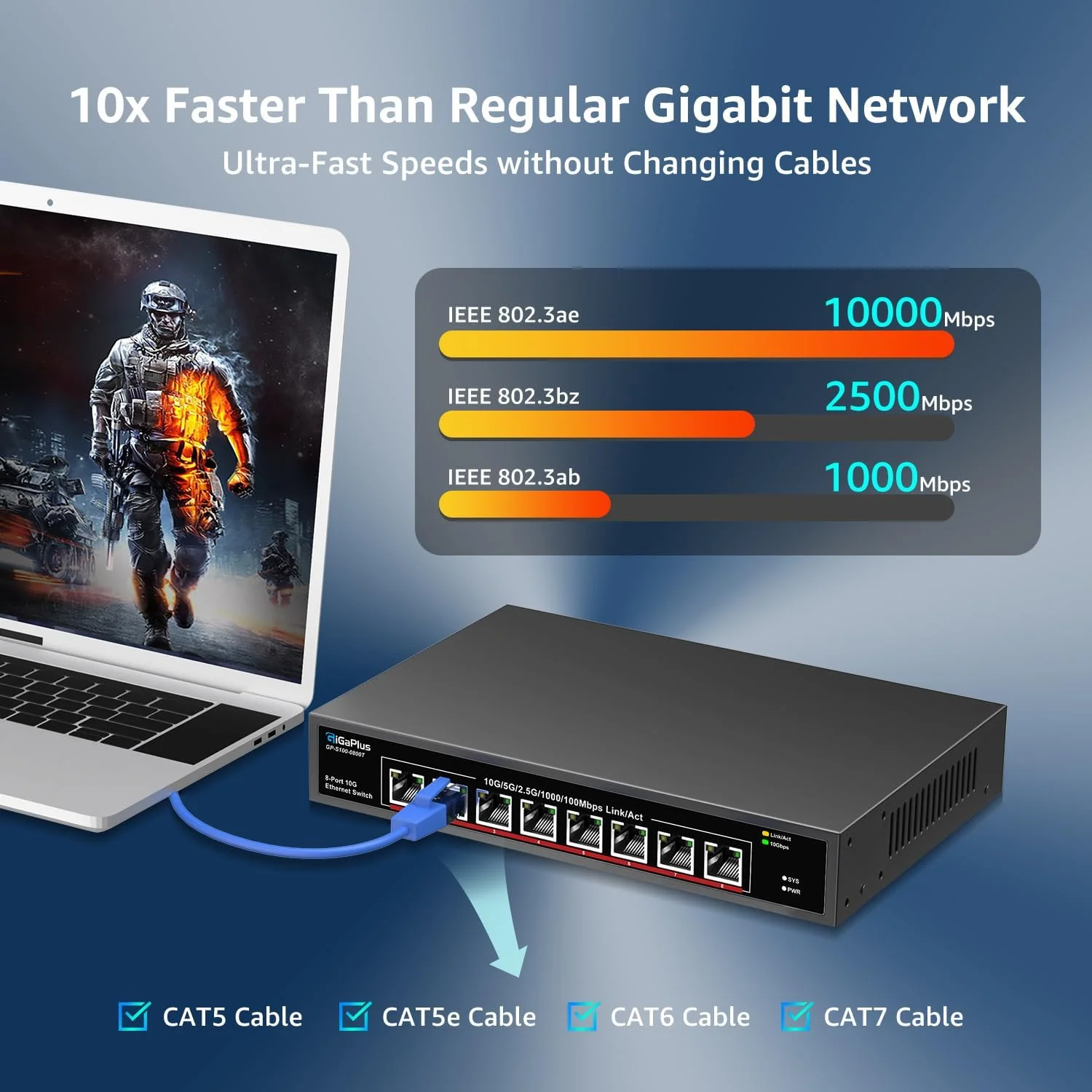 سوییچ اترنت 8 پورت 10 گیگابیتی غیر مدیریتی، 8 پورت 10Gbe Base-T، سوییچ شبکه 10G گیگا پلاس برای NAS 10 گیگابیت بر ثانیه، کامپیوتر، روتر WiFi7، آداپتور/NIC 10 گیگابیت بر ثانیه. قابل نصب روی میز/رک 19 اینچی، Plug and Play