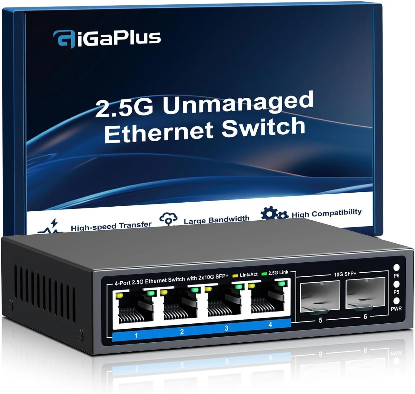 سوئیچ اترنت غیر مدیریتی 6 پورت 2.5 گیگابیتی با 4 پورت 2.5G Base-T و 2 پورت 10G SFP+. سوئیچ شبکه 2.5 گیگابیت بر ثانیه برای NAS/PC 2.5 گیگابیتی، روتر WiFi6، AP بی سیم