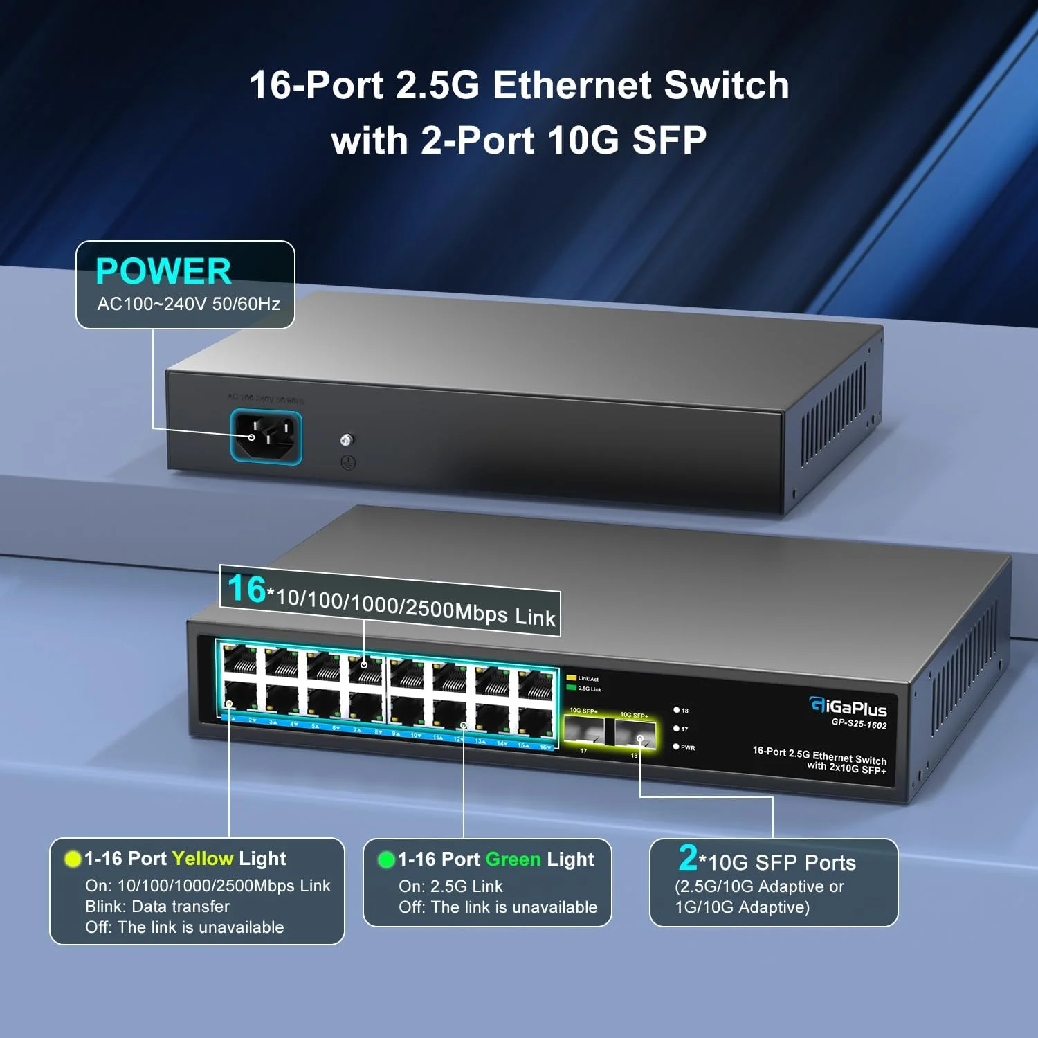 سوئیچ اترنت غیر مدیریتی 16 پورت 2.5 گیگابیتی با 16 پورت 2.5G Base-T و 2 پورت 10G SFP+. سوئیچ شبکه 2.5 گیگابیتی برای NAS/PC 2.5 گیگابیتی، روتر WiFi6، AP بی سیم. طراحی بدون فن، Plug and Play