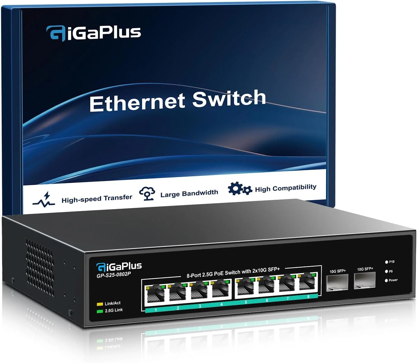 سوئیچ غیر مدیریتی PoE گیگاپلاس با 10 پورت 2.5 گیگابیتی، دارای 8 پورت PoE با استاندارد 2.5G Base-T، 2 آپلینک 10G SFP+، استاندارد 802.3af/at (PoE+)، ظرفیت سوئیچینگ 80 گیگابیت بر ثانیه، سوئیچ PoE 2.5G برای NAS/PC 2.5Gb، روتر WiFi6، AP بی‌سیم