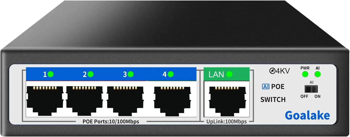 سوئیچ 5 پورت PoE+ گولاک (4 پورت PoE + 1 آپلینک)، 100 مگابیت بر ثانیه، 52 وات، AI Extended تا 250 متر، ایده آل برای نظارت تصویری IP و اکسس پوینت، رومیزی/نصب دیواری (غیر مدیریتی)
