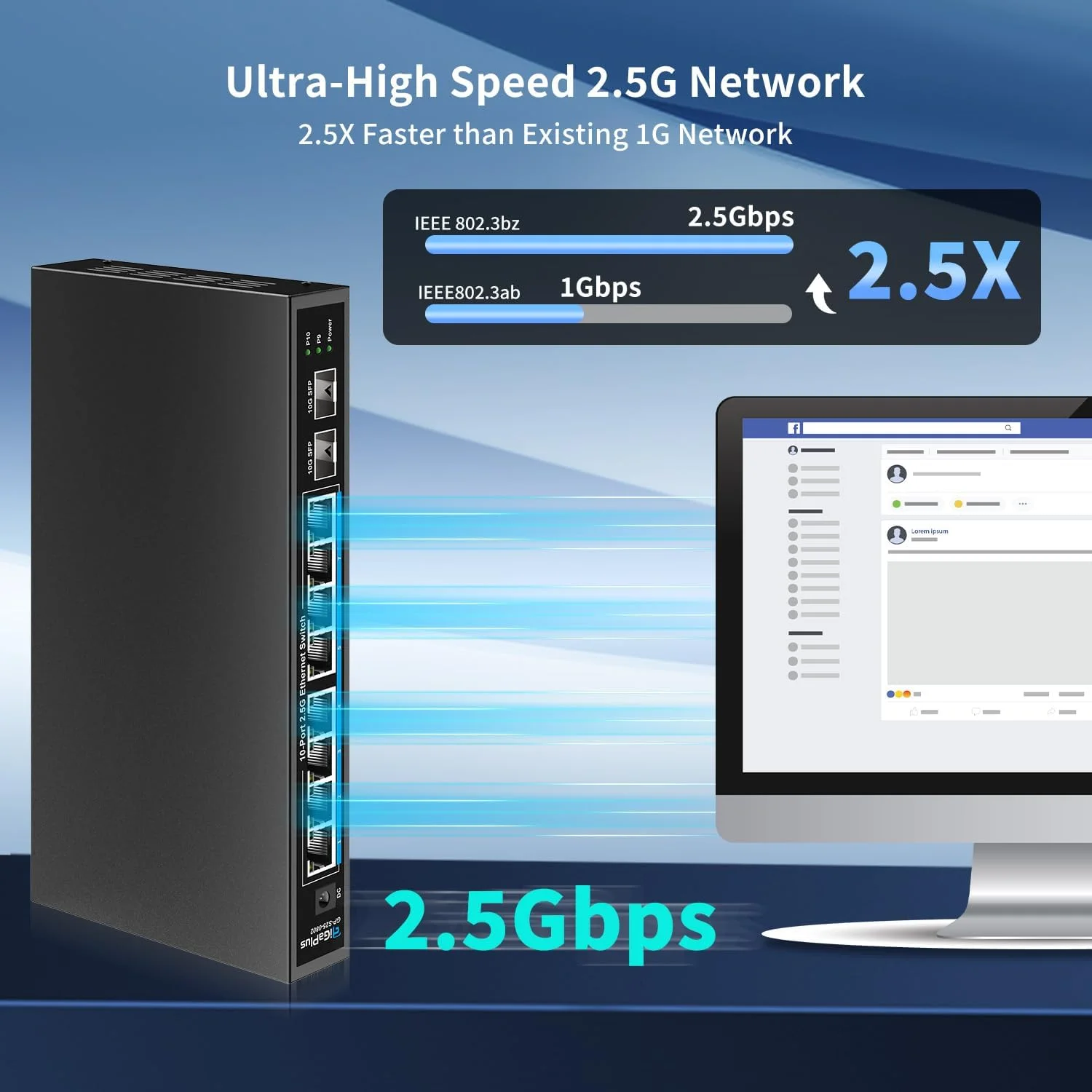 سوئیچ اترنت غیر مدیریتی 10 پورت 2.5 گیگابیتی با 8 پورت 2.5G Base-T و 2 پورت 10Gb SFP+ برای NAS/PC 2.5Gbe، روتر WiFi6 و AP بی‌سیم. طراحی فلزی بدون فن، نصب رومیزی/دیواری، Plug and Play