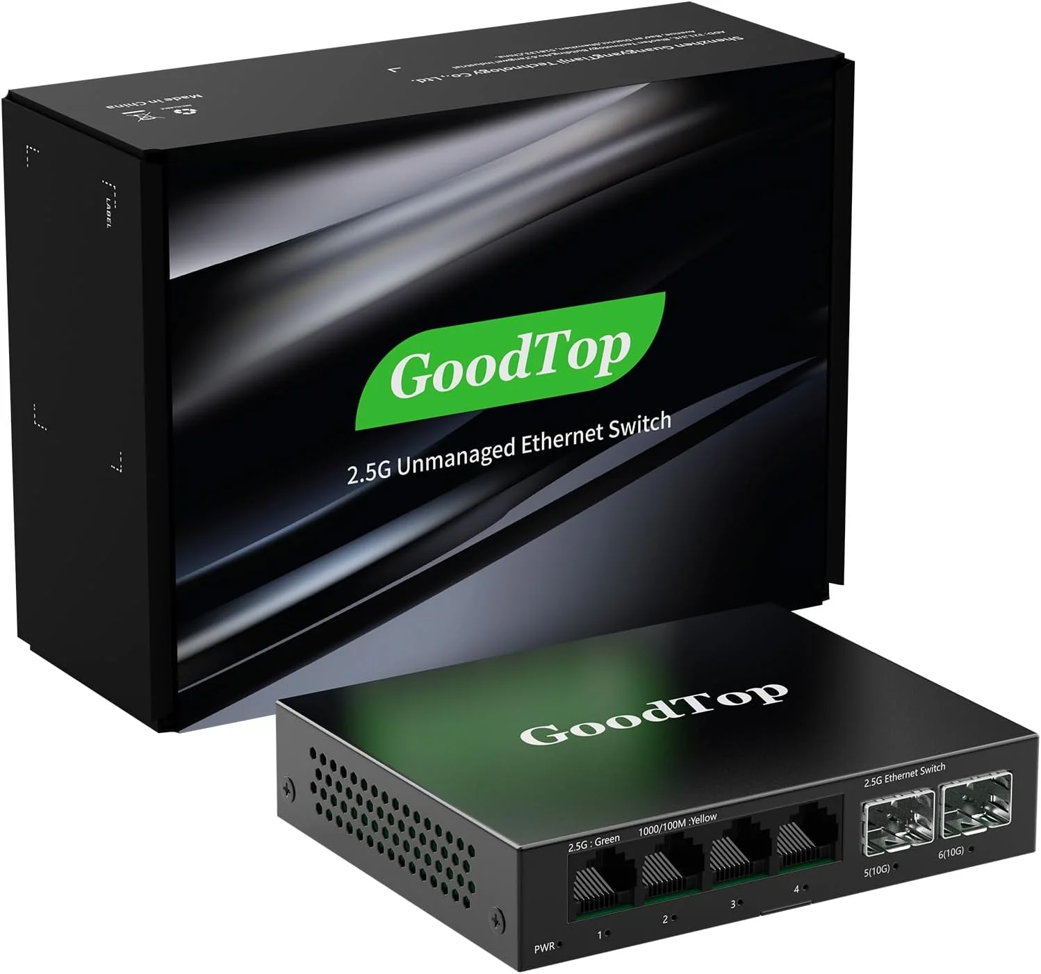 سوئیچ اترنت غیر مدیریتی GoodTop با ۴ پورت ۲.۵ گیگابیتی، ۲ پورت ۱۰G SFP+ و ۴ پورت ۲.۵G Base-T سازگار با ۱۰/۱۰۰/۱۰۰۰ مگابیت بر ثانیه، ظرفیت سوئیچینگ ۶۰ گیگابیت بر ثانیه، سوئیچ شبکه فلزی بدون فن مناسب برای راه اندازی هوم لب چند گیگابیتی