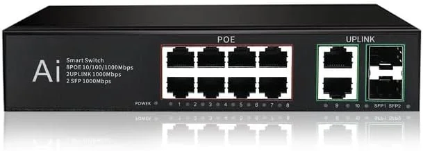 سوئیچ غیر مدیریتی هوشمند PoE هانو تک، 8 پورت گیگابیتی - 1000 مگابیت بر ثانیه، 8 پورت PoE+، 2 پورت RJ45 آپلینک 1000 مگابیت بر ثانیه + 2 پورت SFP 1.25G (بدون ماژول SFP)، سوئیچ شبکه 120 واتی مبتنی بر IC