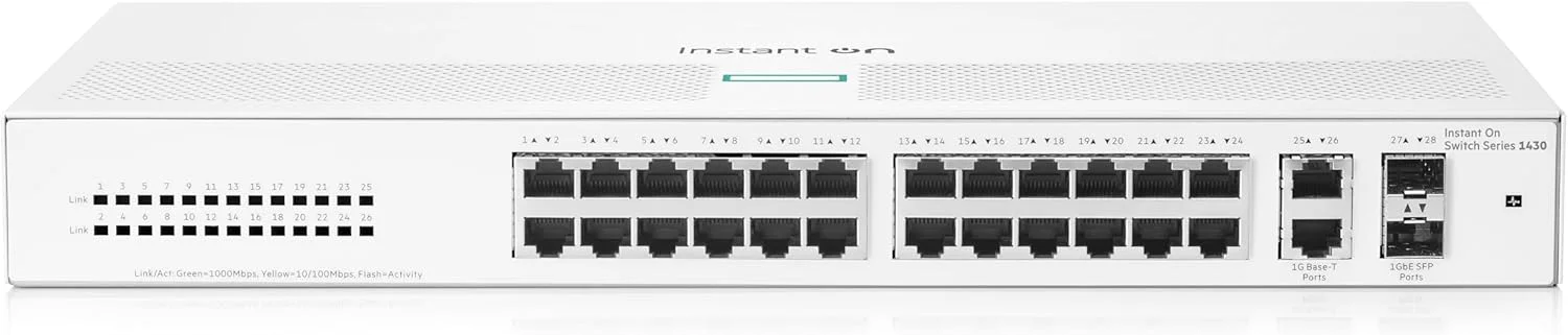 سوئیچ غیر مدیریتی 26 پورت گیگابیتی Aruba a Hewlett Packard Enterprise company Instant On 1430 | پورت 26x 1G | 2X SFP | بدون فن | سیم برق ایالات متحده (R8R50A#ABA)