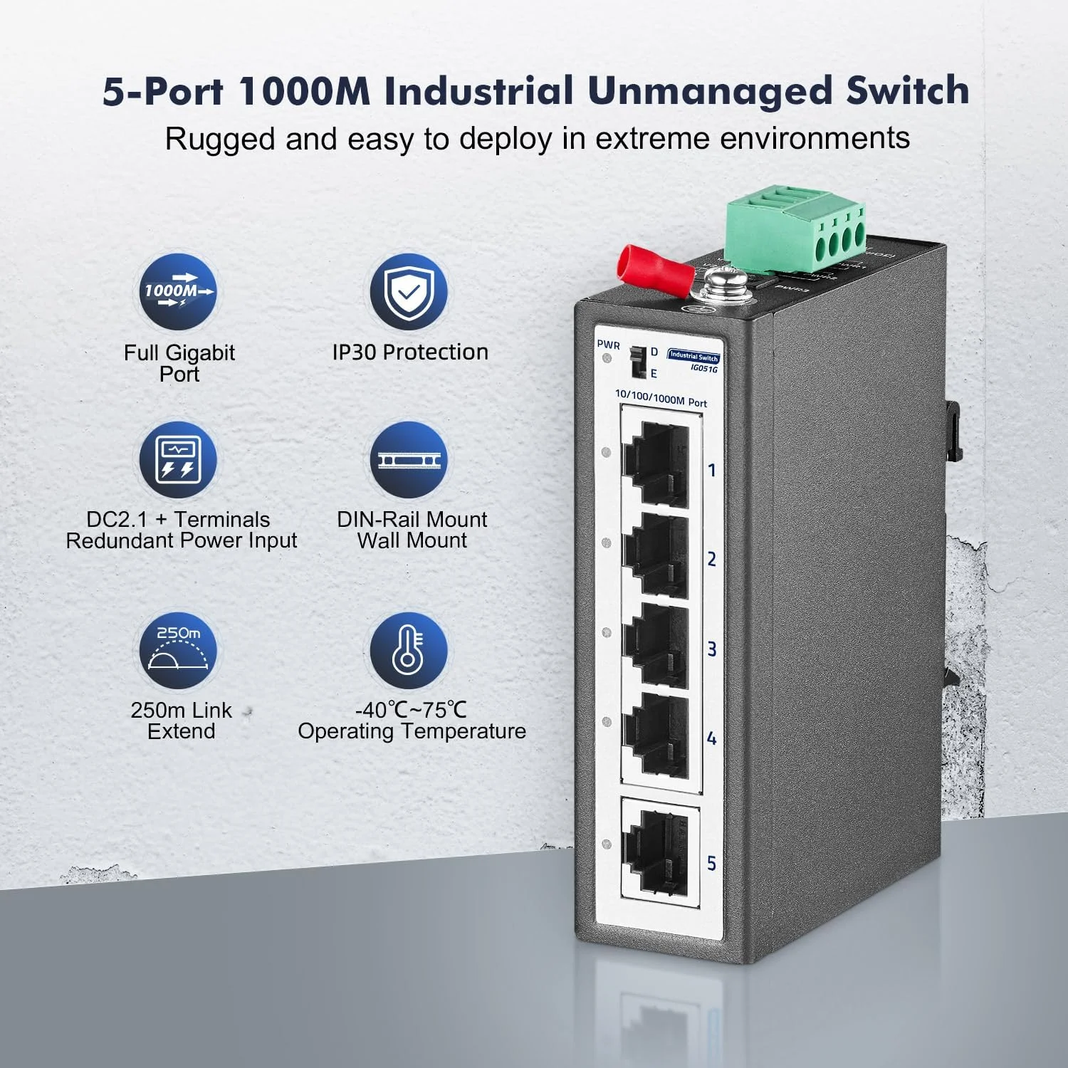 سوئیچ صنعتی مینی گیگابیتی ریلی DIN با 5 پورت، 4 پورت 100/1000 مگابیت بر ثانیه، 1 آپلینک گیگابیتی، شامل نصب ریلی DIN و دیواری، سوئیچ اترنت صنعتی غیر مدیریتی