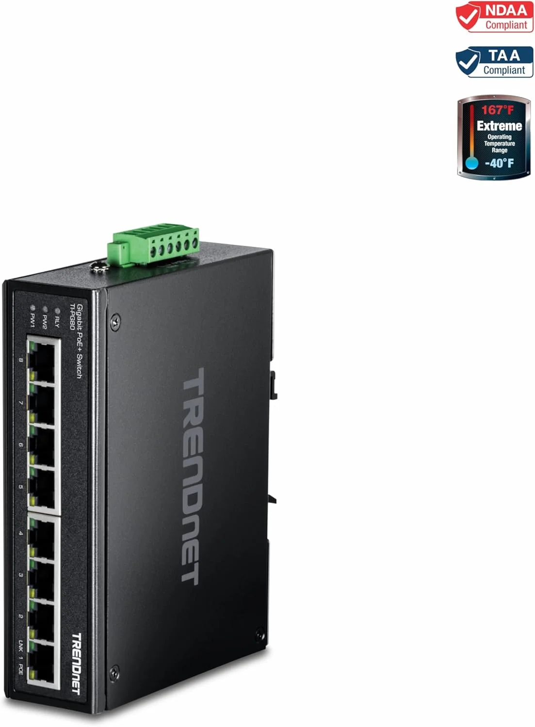 سوئیچ 8 پورت گیگابیتی صنعتی غیر مدیریتی PoE+ ترندنت مدل TI-PG80، با قابلیت نصب روی ریل DIN، توان خروجی کامل 200W PoE+، ظرفیت سوئیچینگ 16Gbps، استاندارد IP30، رنگ مشکی