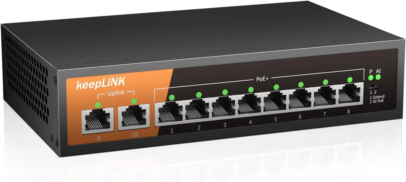 سوییچ PoE ده پورت keepLiNK، هشت پورت PoE+ با سرعت 100 مگابیت بر ثانیه، دو پورت Uplink با سرعت 100 مگابیت بر ثانیه، 135 وات 802.3af/at، قابلیت گسترش تا 250 متر، فلزی بدون فن، سوییچ اترنت غیر مدیریتی Plug and Play