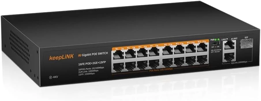 سوئیچ PoE با 18 پورت، 16 پورت PoE+ با سرعت 100 مگابیت بر ثانیه، 2 پورت آپلینک با سرعت 1000 مگابیت بر ثانیه، 1 اسلات SFP با سرعت 1000 مگابیت بر ثانیه، توان داخلی 240 وات IEEE802.3af/at، فلزی بدون فن، بدون نیاز به تنظیمات