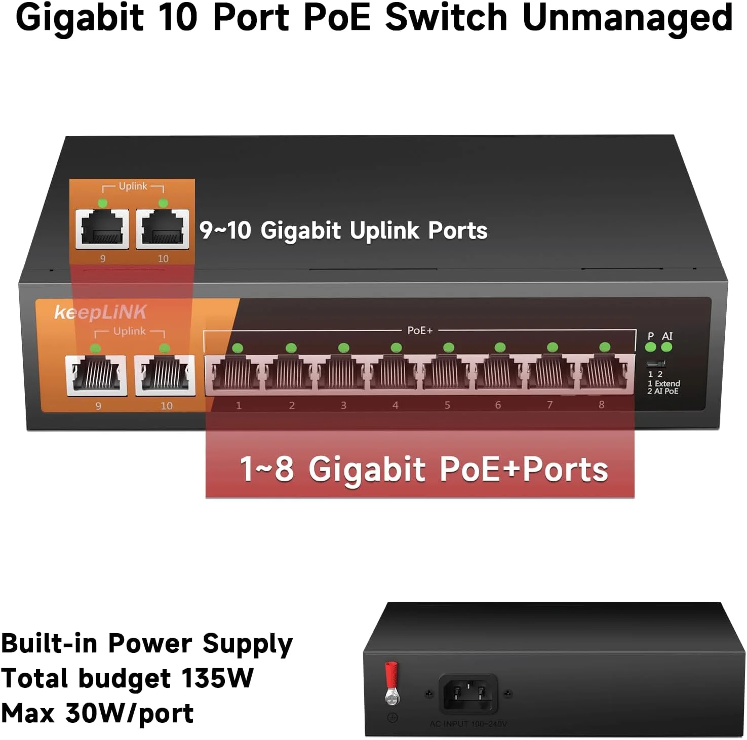 سوییچ PoE گیگابیتی 10 پورت keepLiNK، 8 پورت گیگابیتی PoE+ و 2 پورت آپلینک گیگابیتی، توان کل 120 وات 802.3af/at، بدنه فلزی بدون نیاز به تنظیمات