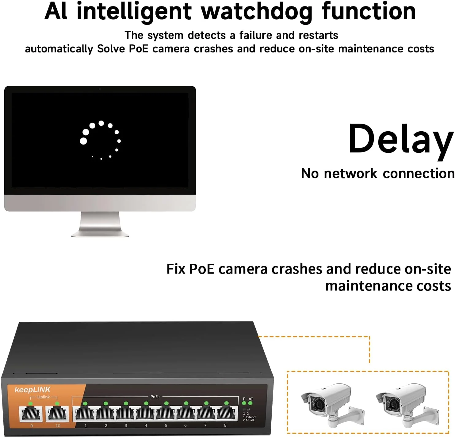 سوییچ PoE گیگابیتی 10 پورت keepLiNK، 8 پورت گیگابیتی PoE+ و 2 پورت آپلینک گیگابیتی، توان کل 120 وات 802.3af/at، بدنه فلزی بدون نیاز به تنظیمات