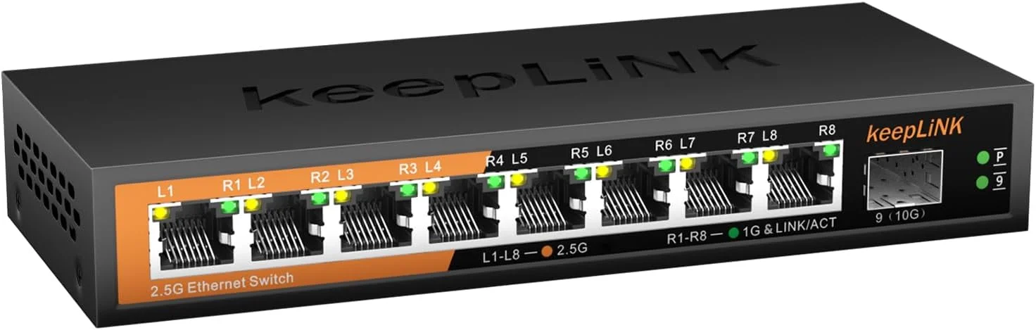 سوییچ غیر مدیریتی 8 پورت 2.5G keepLiNK، سوییچ اترنت با 8 پورت 2.5G Base-T، 1 اسلات 10G Base-T SFP، ظرفیت سوییچینگ 60Gbps، نصب آسان، فلزی بدون فن، قابل نصب روی دیوار