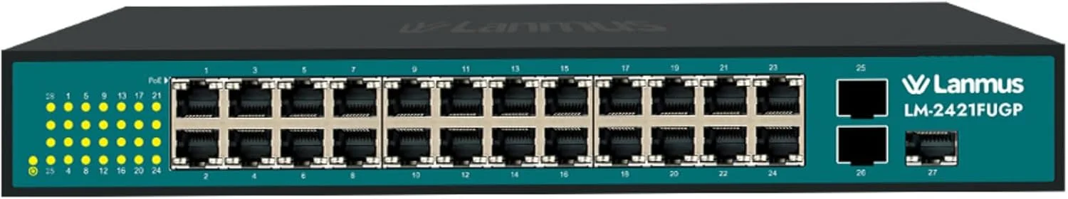سوئیچ 24 پورت گیگابیتی PoE Lanmus LM-2421FUGP | سوئیچ شبکه اترنت غیر مدیریتی با 2 پورت Uplink، 1 پورت SFP | توان داخلی 370W | 1000Mbps | IEEE802.3ab، منبع تغذیه 52 ولت