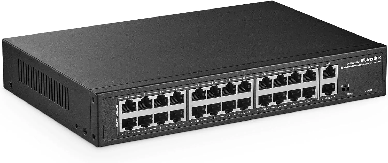 سوئیچ 24 پورت PoE موکرلینک، 2 آپلینک گیگابیتی، 300 وات IEEE802.3af/at، VLAN و Extend، سوئیچ اترنت فلزی رک مونت غیر مدیریتی Plug and Play