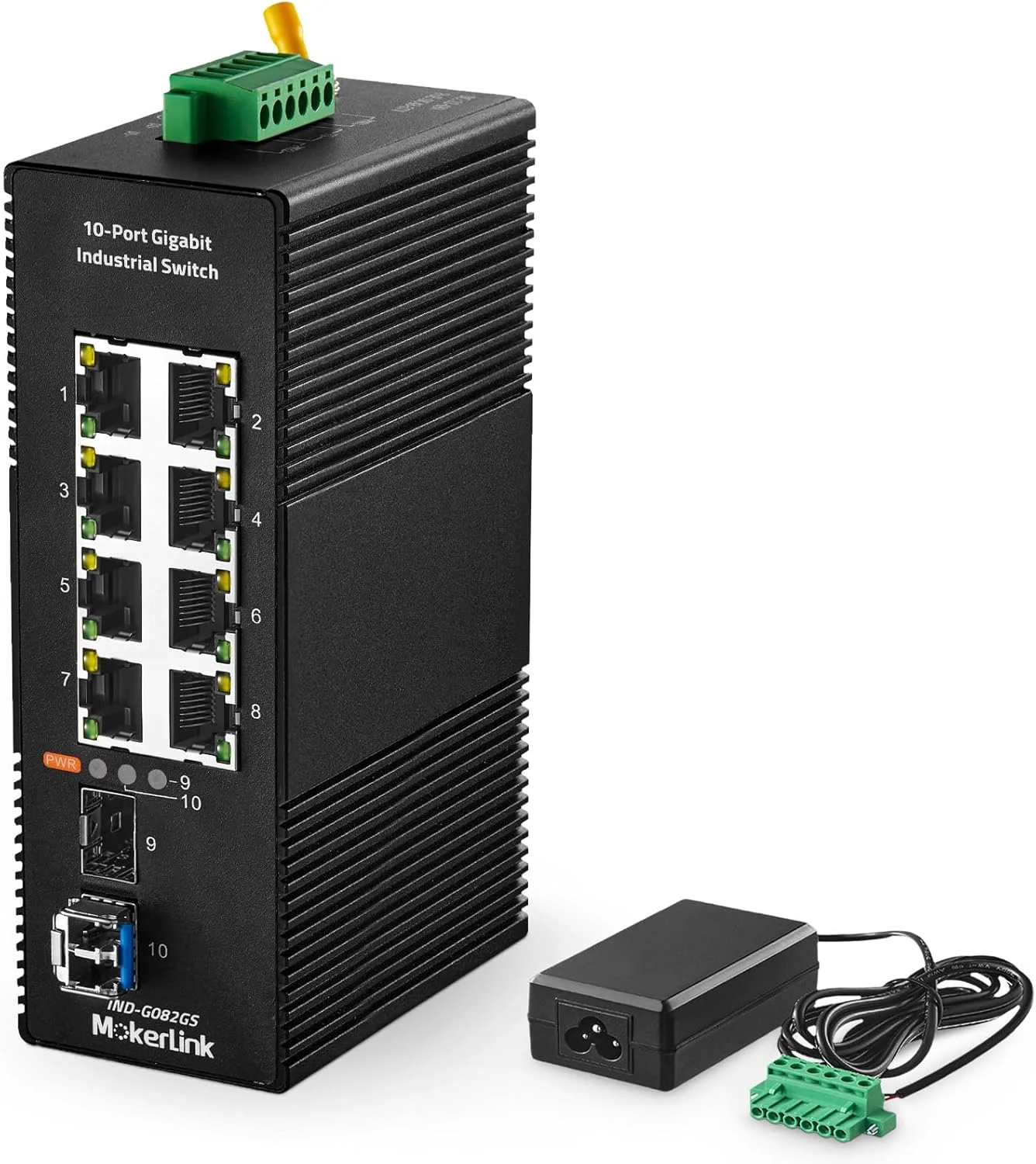 سوئیچ اترنت صنعتی 8 پورت گیگابیتی MokerLink DIN با 2 پورت SFP با 1 ماژول LC 20 KM، سوئیچ شبکه غیر مدیریتی IP40 (-40 تا 85 درجه سانتیگراد)، با منبع تغذیه