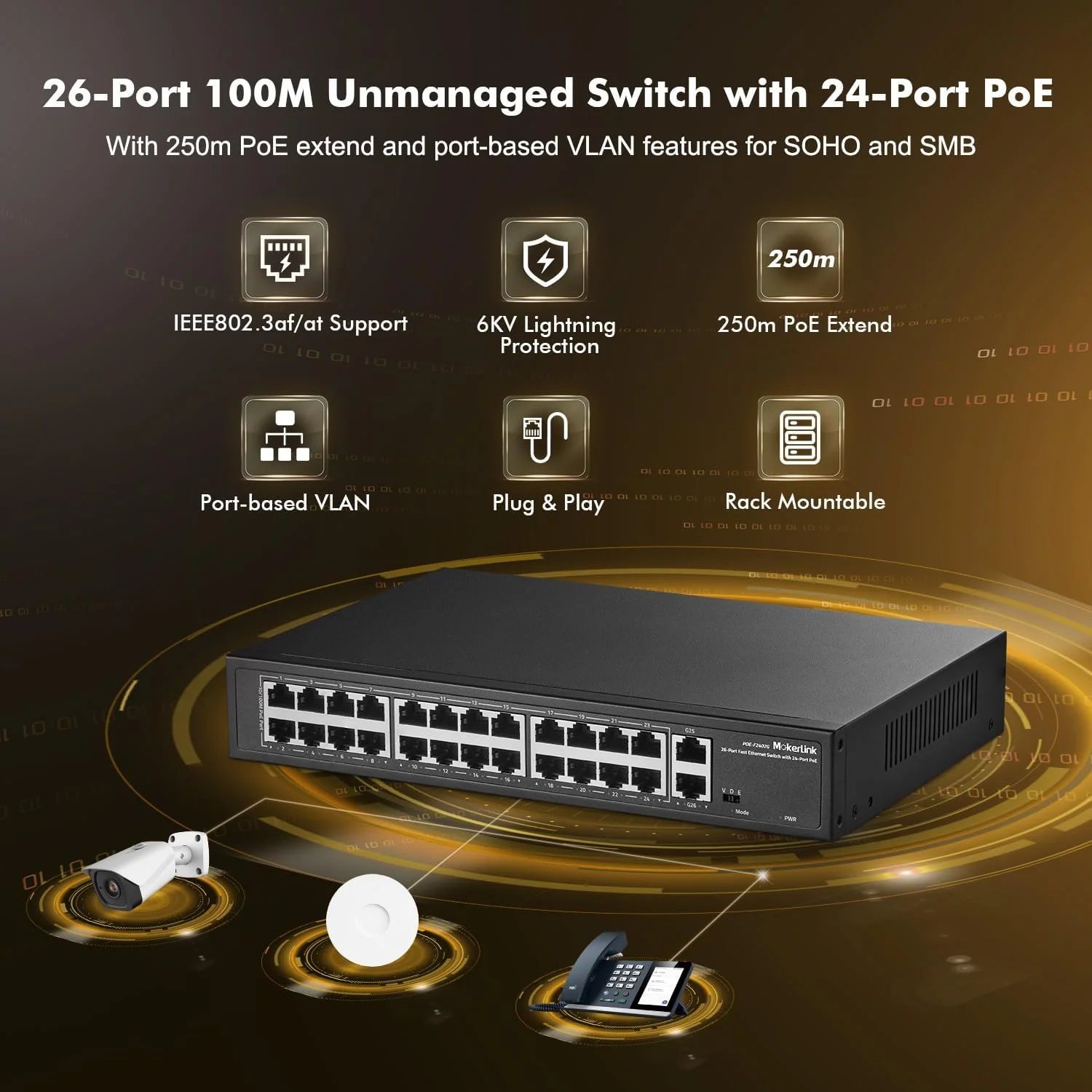 سوئیچ 24 پورت PoE موکرلینک، 2 آپلینک گیگابیتی، 300 وات IEEE802.3af/at، VLAN و Extend، سوئیچ اترنت فلزی رک مونت غیر مدیریتی Plug and Play