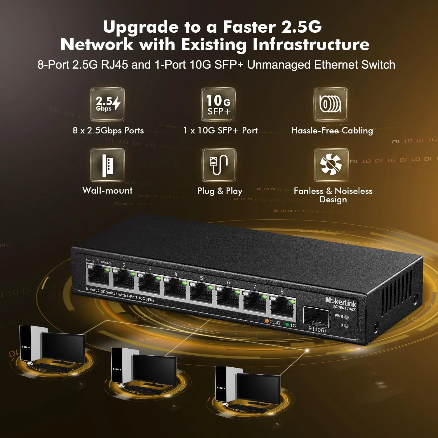 سوئیچ اترنت 8 پورت 2.5 گیگابیتی MokerLink با اسلات SFP 10G، دارای 8 پورت 2.5G Base-T سازگار با 10/100/1000 مگابیت بر ثانیه، سوئیچ شبکه کوچک فلزی بدون فن و غیر مدیریتی