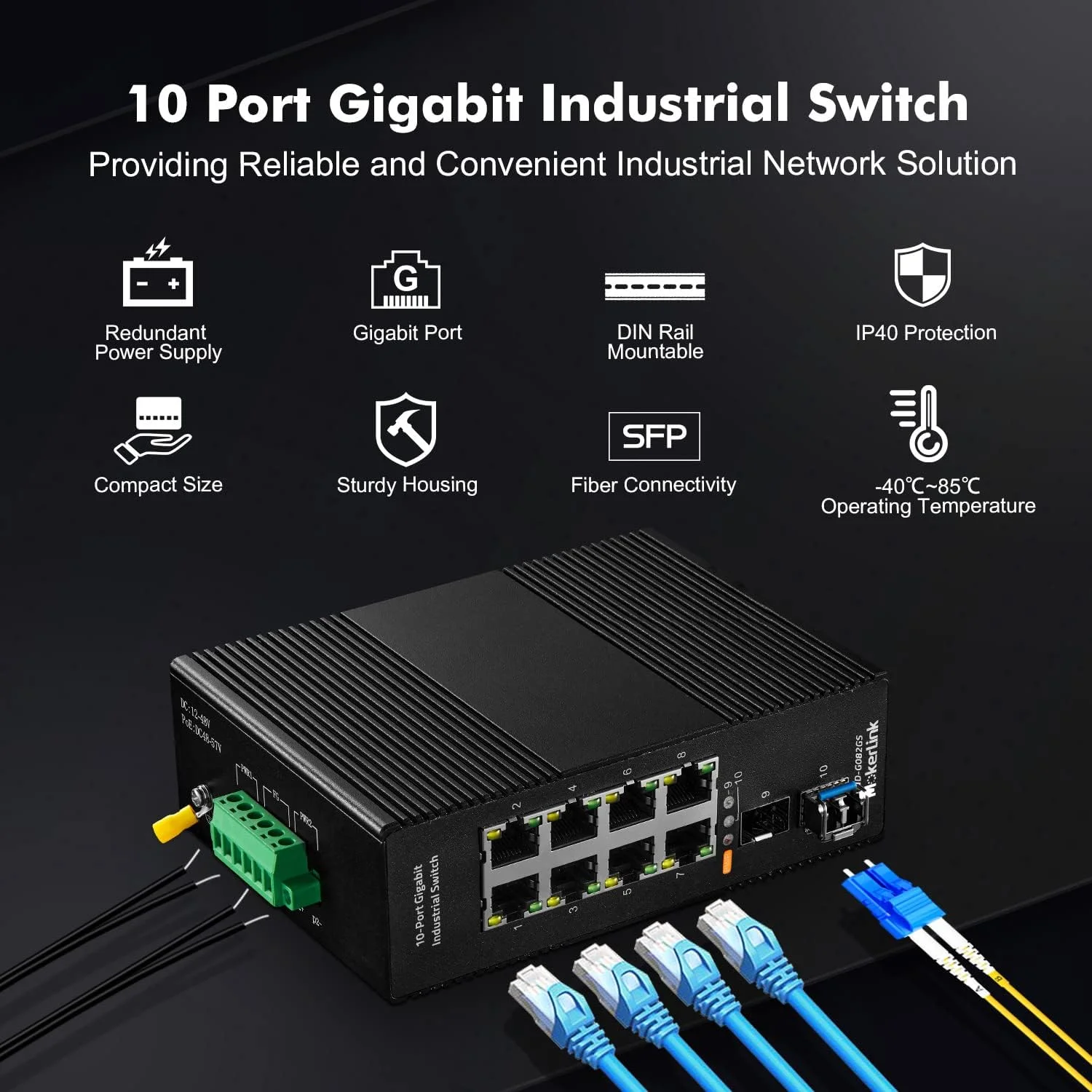 سوئیچ اترنت صنعتی 8 پورت گیگابیتی MokerLink DIN با 2 پورت SFP با 1 ماژول LC 20 KM، سوئیچ شبکه غیر مدیریتی IP40 (-40 تا 85 درجه سانتیگراد)، با منبع تغذیه