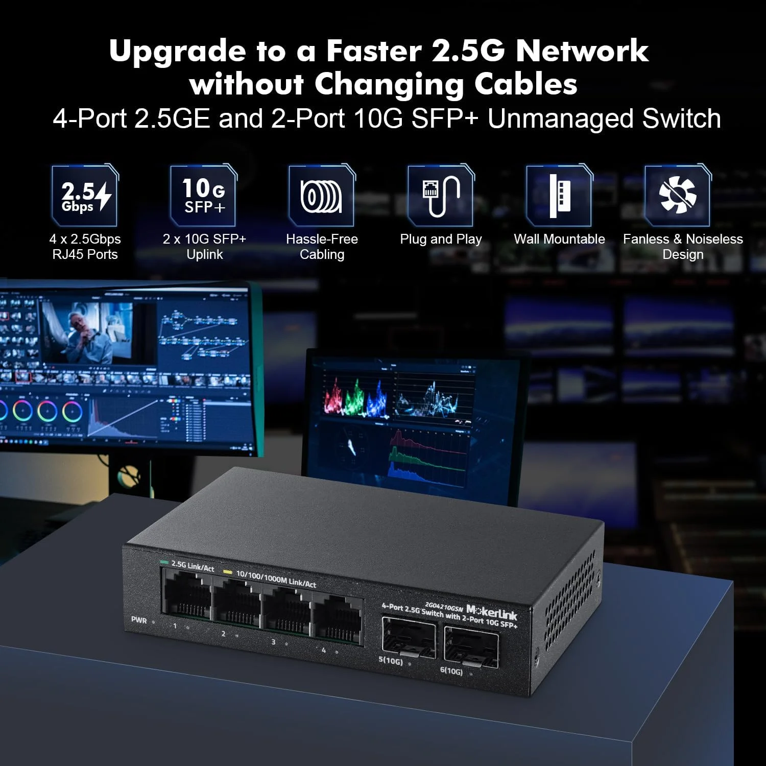 سوئیچ اترنت 4 پورت 2.5G MokerLink با 2 اسلات 10G SFP+، 4 پورت 2.5G Base-T سازگار با 100/1000Mbps، سایز مینی، سوئیچ شبکه فلزی بدون فن و غیرقابل مدیریت