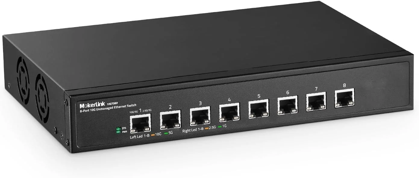 سوئیچ اترنت غیر مدیریتی 8 پورت 10G موکرلینک، سازگار با 10G/5G/2.5G/1G، نصب آسان، بدنه فلزی، قابل نصب رومیزی/در رک