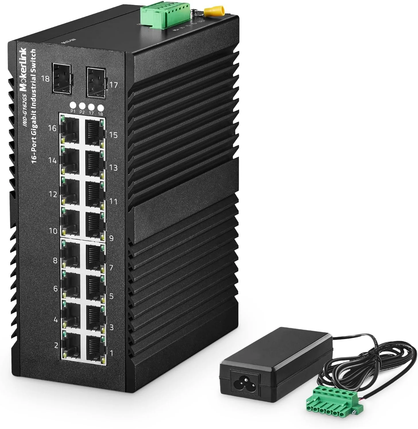 سوئیچ اترنت صنعتی 16 پورت گیگابیتی MokerLink DIN-Rail، دارای 2 پورت گیگابیتی SFP، سوئیچ شبکه غیر مدیریتی IP40 (-40 تا 185 درجه فارنهایت)، همراه با منبع تغذیه