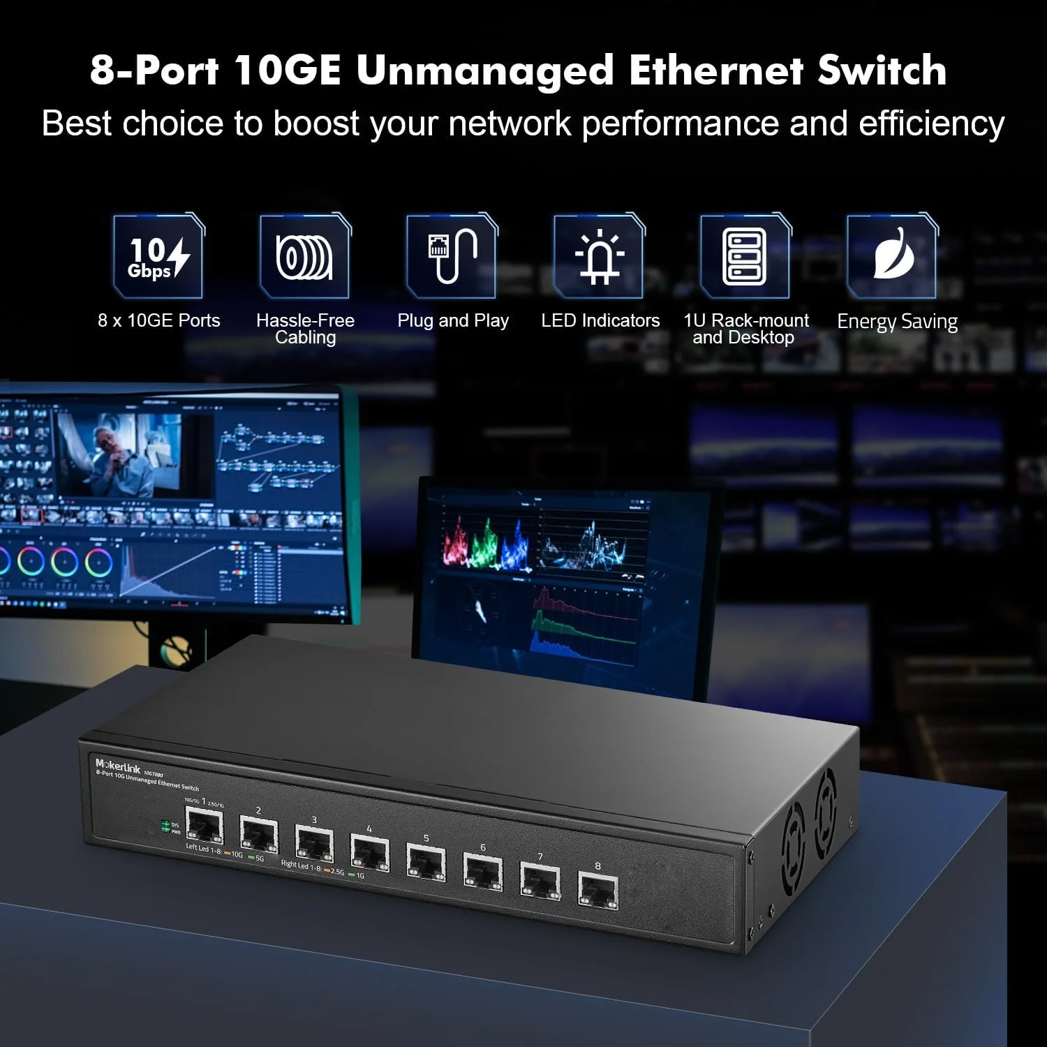 سوئیچ اترنت غیر مدیریتی 8 پورت 10G موکرلینک، سازگار با 10G/5G/2.5G/1G، نصب آسان، بدنه فلزی، قابل نصب رومیزی/در رک سوئیچ اترنت غیر مدیریتی 8 پورت 10G موکرلینک، سازگار با 10G/5G/2.5G/1G، نصب آسان، بدنه فلزی، قابل نصب رومیزی/در رک