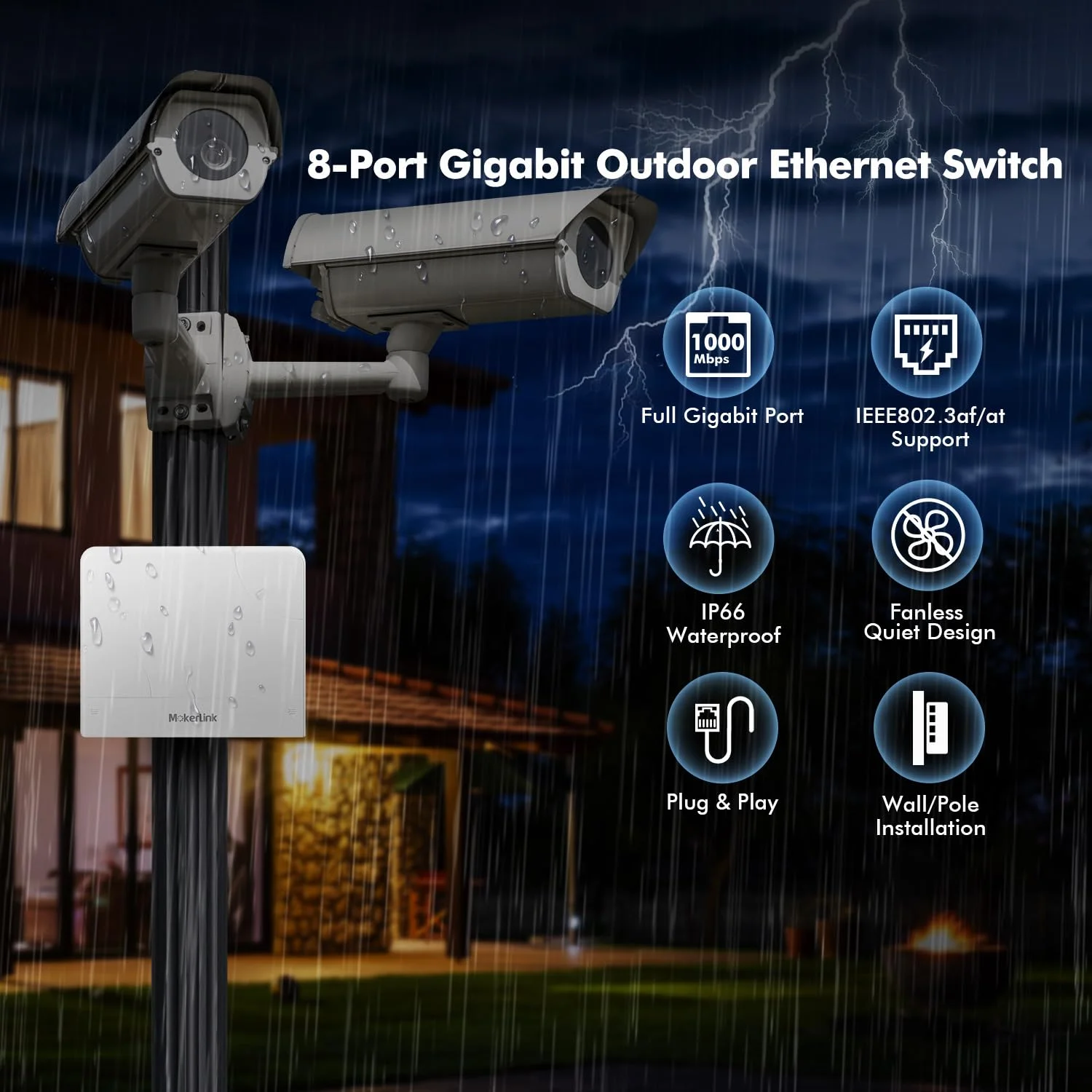 سوئیچ 8 پورت گیگابیتی PoE بیرونی MokerLink، 8 پورت PoE+ 1000Mbps، 802.3af/at 120W، ضد آب بدون فن، بدون نیاز به مدیریت، نصب آسان سوئیچ 8 پورت گیگابیتی PoE بیرونی MokerLink، 8 پورت PoE+ 1000Mbps، 802.3af/at 120W، ضد آب بدون فن، بدون نیاز به مدیریت، نصب آسان