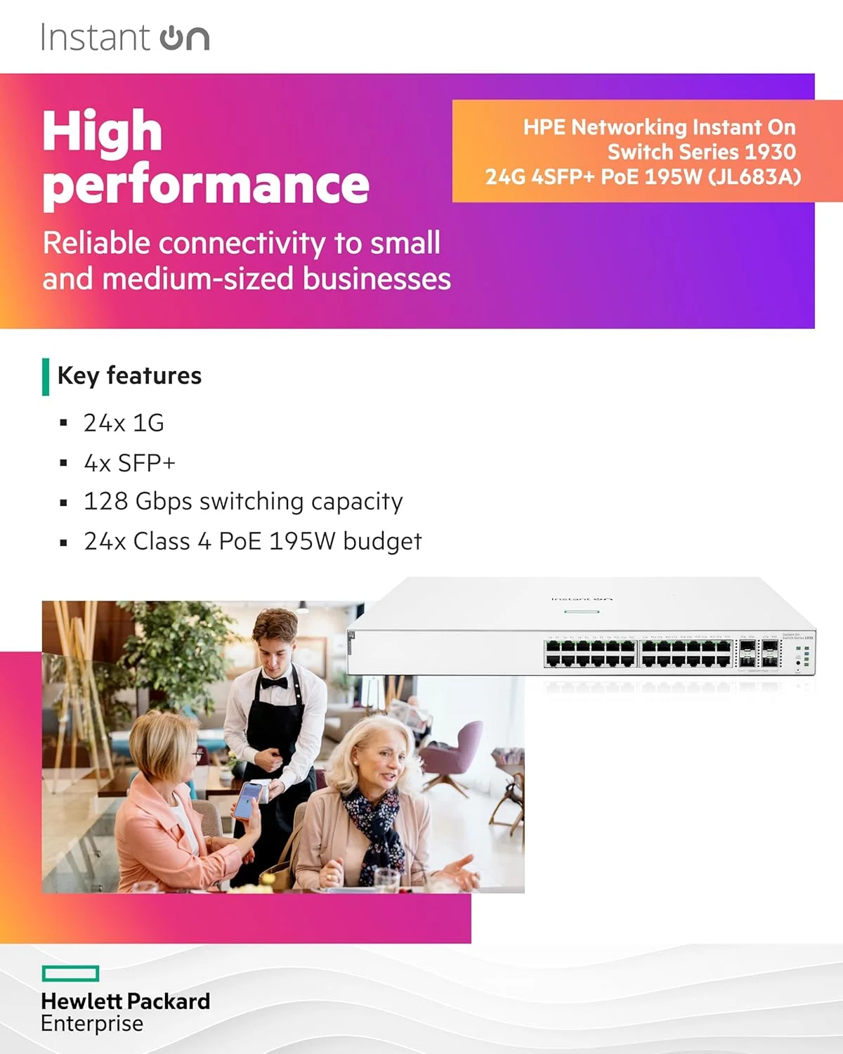 سوئیچ شبکه HPE Networking Instant On سری 1930، 24 پورت گیگابیتی، لایه 2+، اترنت هوشمند با PoE | 24x 1G | 4X SFP+ | 24x CL4 PoE 195W | سیم برق آمریکا (JL683A#ABA) سوئیچ شبکه HPE Networking Instant On سری 1930، 24 پورت گیگابیتی، لایه 2+، اترنت هوشمند با PoE | 24x 1G | 4X SFP+ | 24x CL4 PoE 195W | سیم برق آمریکا (JL683A#ABA)