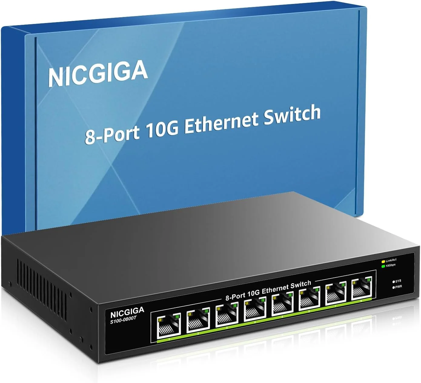 سوئیچ اترنت 8 پورت 10G غیر مدیریتی NICGIGA، با 8 پورت 10Gb Base-T، سوئیچ شبکه 10 گیگابیتی آسان برای NAS 10G، کامپیوتر، روتر WiFi7، آداپتور/NIC 10G. قابل نصب روی میز یا رک 19 اینچی، Plug and Play.