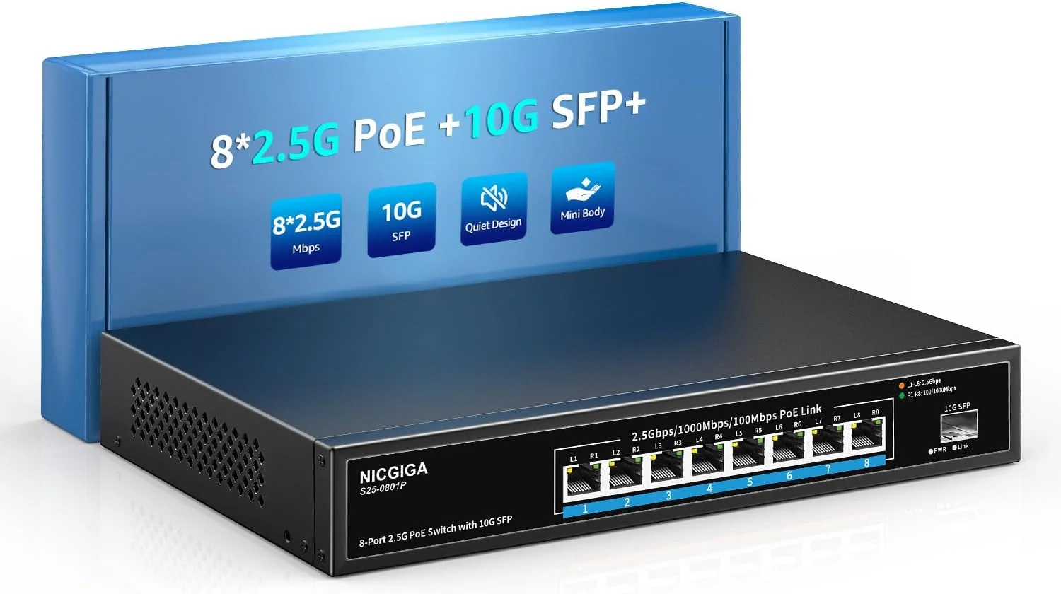 سوئیچ غیر مدیریتی 8 پورت 2.5G PoE نیک گیگا با 8 پورت 2.5Gb Base-T PoE+@120W + آپلینک 10G SFP، سوئیچ پاور اور اترنت 2.5Gbe IEEE802.3af/at، پشتیبانی از WiFi6 AP، NAS، دوربین مداربسته 4K PoE NVR.