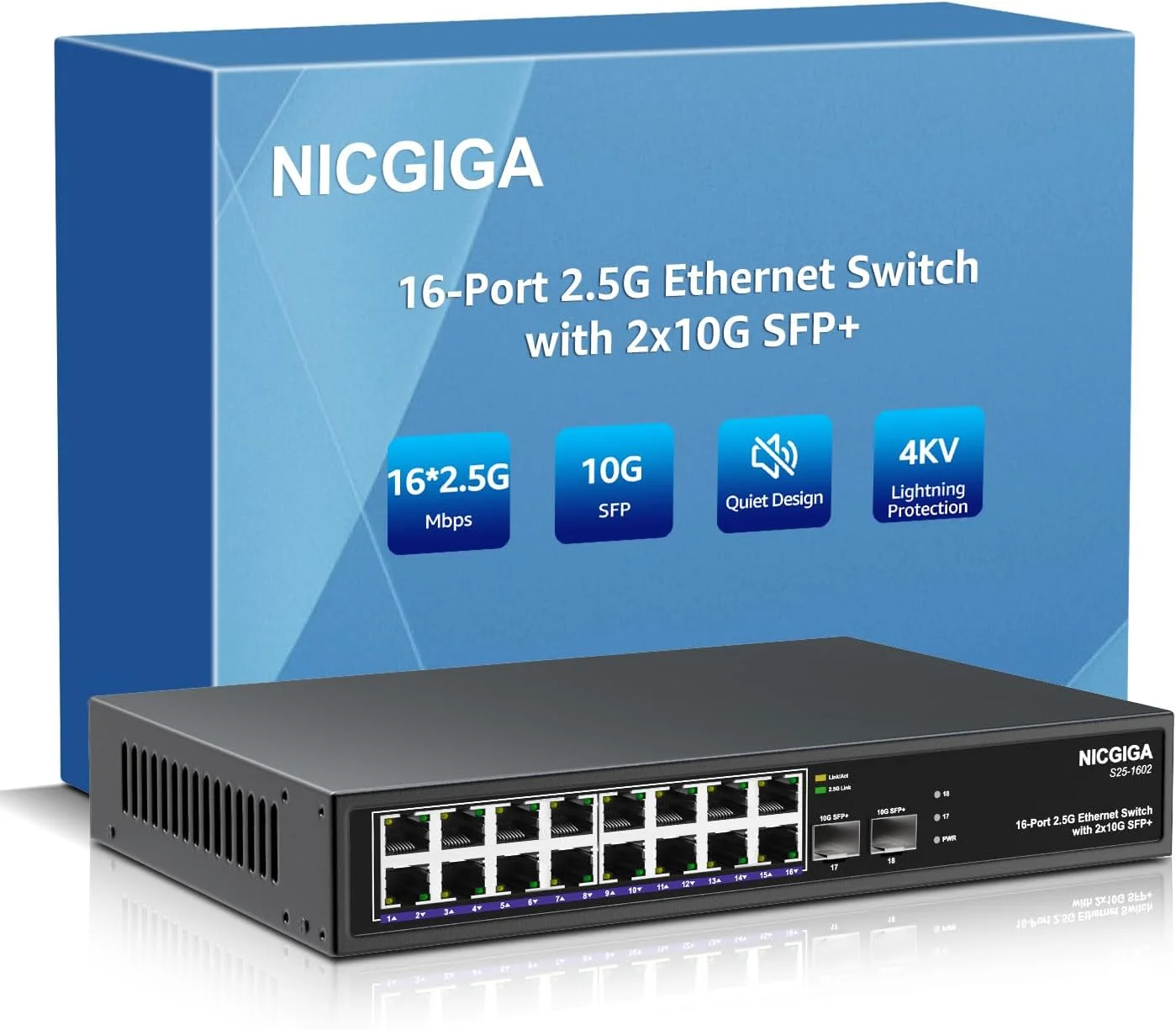 سوئیچ اترنت 16 پورت 2.5G با 2 آپلینک 10G SFP+، سوئیچ شبکه 2.5Gb بدون مدیریت NICGIGA