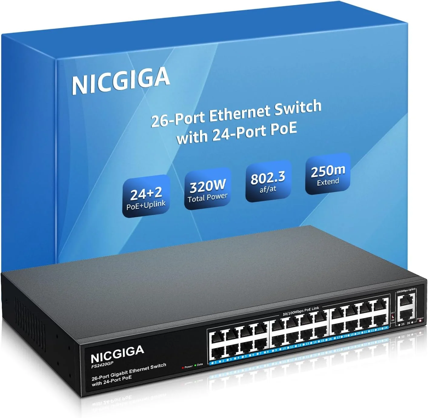 سوئیچ PoE غیر مدیریتی 24 پورت NICGIGA، 24 پورت PoE+@300W، 2 پورت آپلینک گیگابیتی، سوئیچ پاور شبکه 26 پورت از طریق اترنت، حالت VLAN، توسعه 250 متری، نصب رک 19 اینچی، پلاگ اند پلی.