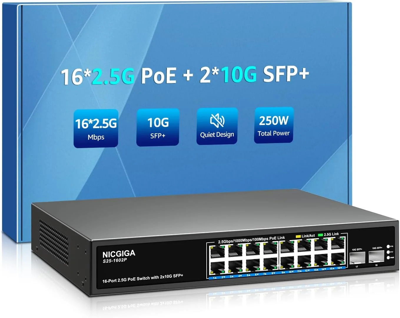 سوئیچ اترنت 16 پورت 2.5G با 2 پورت 10G SFP+، سوئیچ شبکه 18 پورت 2.5Gb NICGIGA غیرقابل مدیریت، Plug & Play، قابل نصب روی میز یا رک 19 اینچی، طراحی فلزی بدون فن.