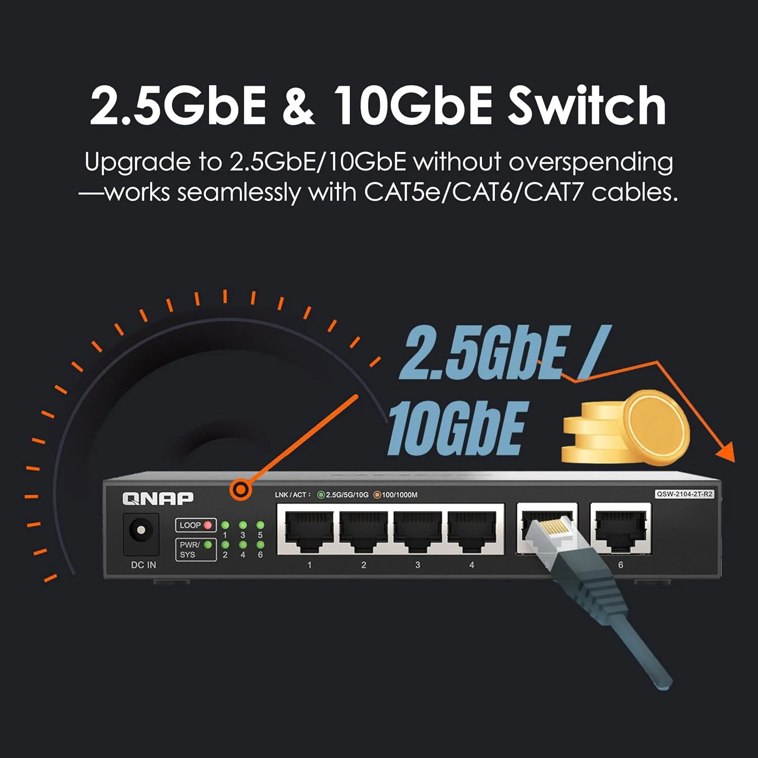 سوئیچ غیر مدیریتی کیونپ QSW-2104-2T-R2 با 4 پورت 2.5Gbps و 2 پورت 10BASE-T