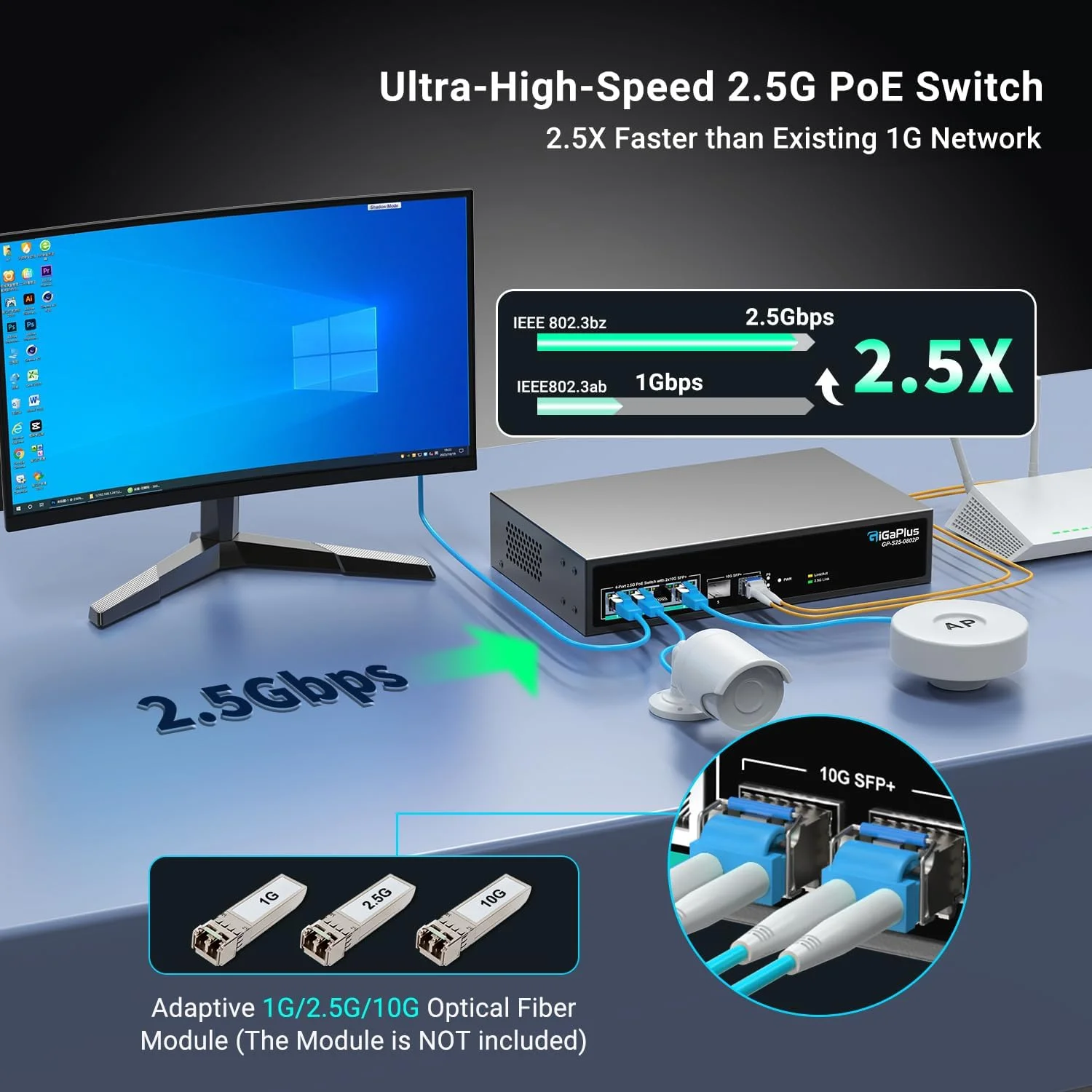 سوئیچ غیر مدیریتی PoE با 6 پورت 2.5 گیگابیتی با 4 پورت PoE با سرعت 2.5G Base-T، دارای 2 آپلینک 10G SFP+، 802.3af/at (PoE+)، ظرفیت سوئیچینگ 60 گیگابیت بر ثانیه، سوئیچ PoE گیگا پلاس 2.5G برای NAS/PC 2.5Gb، روتر WiFi6، AP بی سیم