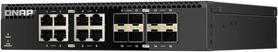 سوییچ غیر مدیریتی 16 پورت 10 گیگابیتی QNAP QSW-3216R-8S8T-US با قابلیت نصب در رک با عرض نصف، مناسب برای محیط های شبکه پرسرعت SMB/SOHO